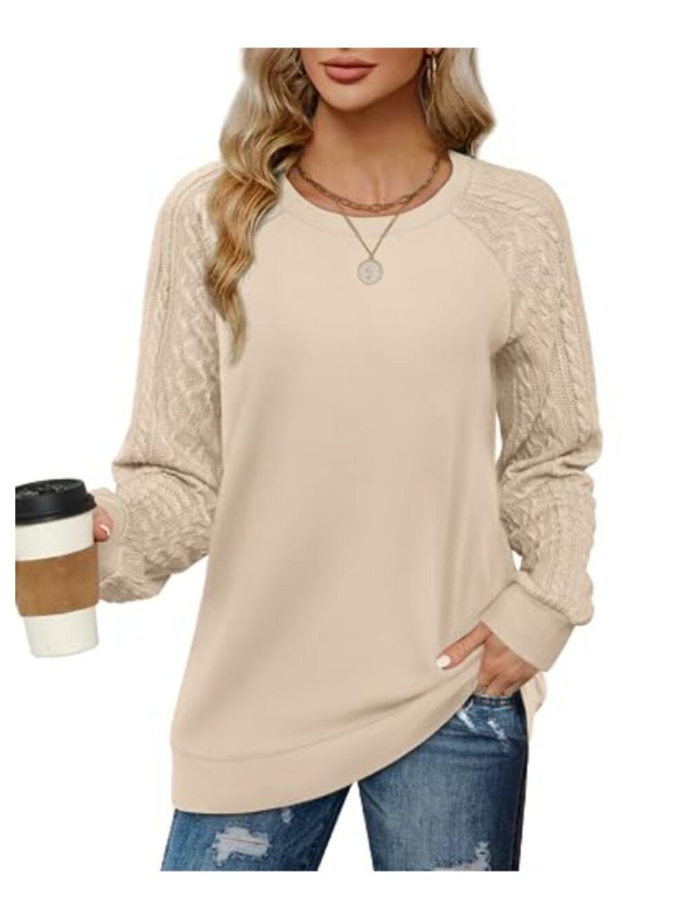 Womens Cable Knit Sleeve Crewneck Patchwork Sweatshirt Pullover Fall